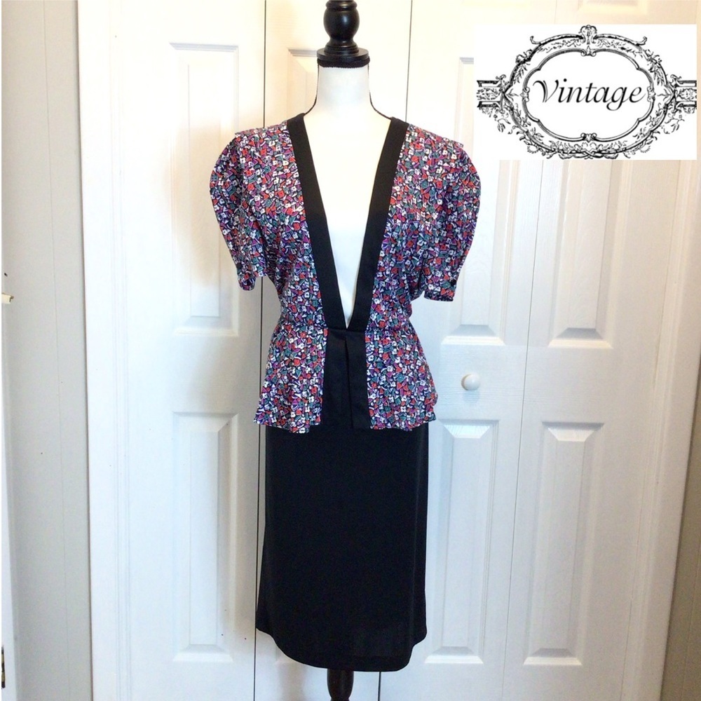Vintage Statements Floral Short Puff Sleeve Peplum Midi Dress Size 10